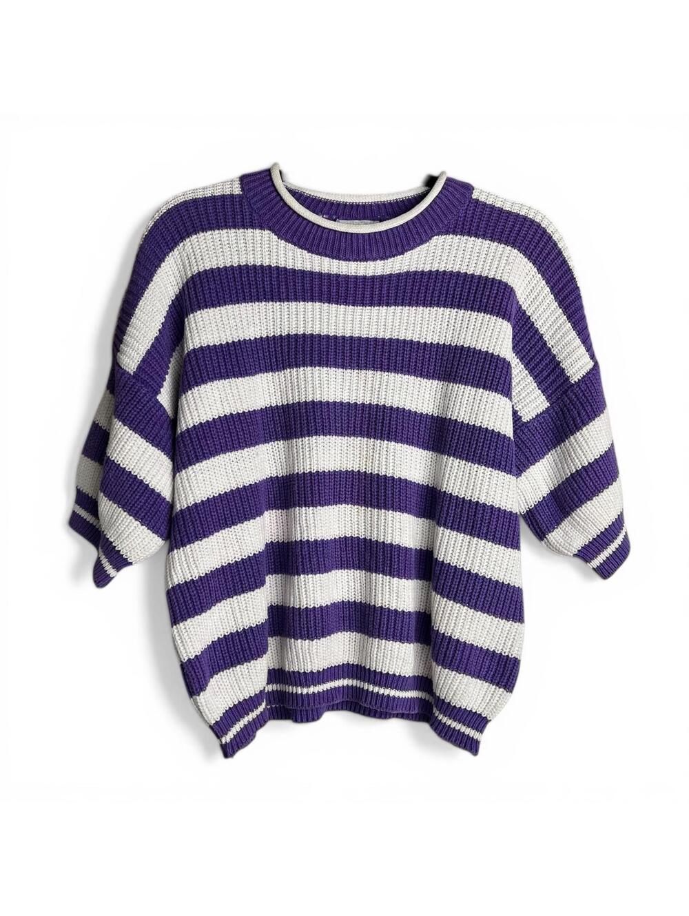 Vintage Striped Purple and White Ramie and Cotton Knit Sweater Size Large